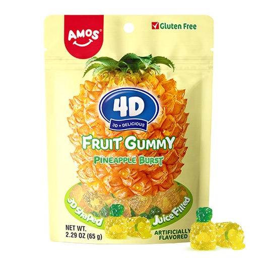 [SS001494] Amos 4D Juicy Burst Pineapple Fruit Gummy 65 g 